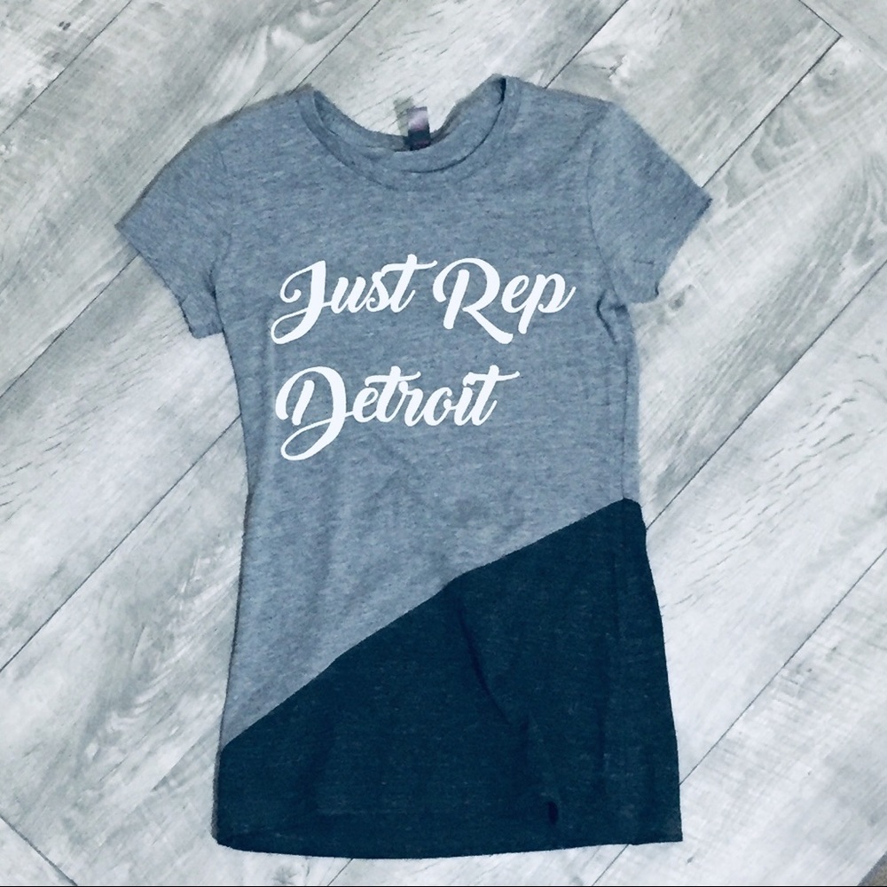 District Two-Tone Gray Tee with White 'Just Rep Detroit' Script